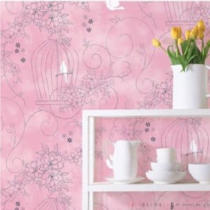DPS-37 วอลเปเปอร์สติกเกอร์ กรงนกในสวนดอกไม้ Pink กว้าง100ซม.ยาวเมตรละ