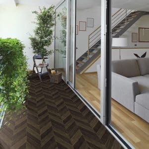 แผ่นปูพื้นลายไม้ก้างปลาสีเข้ม RSF-20 Dark Wood Herringbone หน้ากว้าง 100 ซม หนา 0.45 มม ยาวเมตรละ Floor Sheet RSF-20