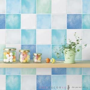 วอลไวนิลสติ๊กเกอร์กระเบื้องสีฟ้าขาว HWP-21623 กว้าง100ซม ราคาสำหรับความยาว 1 เมตร